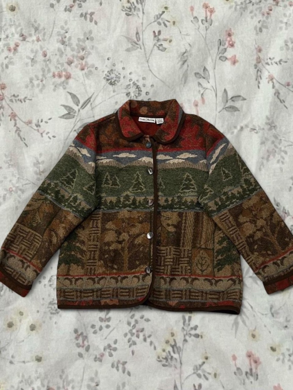 90s Cottagecore Blanket Jacket Croft & Barrow Autumnal Corduroy Trim Peter Pan